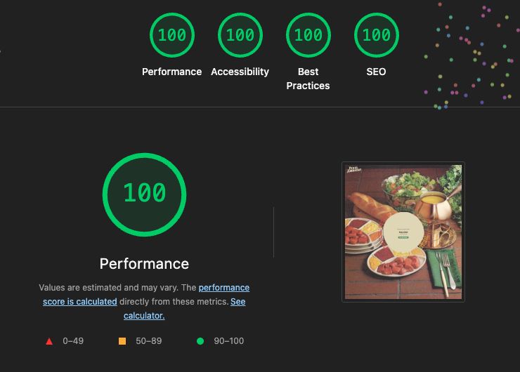 Chrome dev tools' Lighthouse report showing all 100-scores. The remnants of digital fireworks can be seen in the top left corner, above a screenshot of the Wakamai Fondue website
