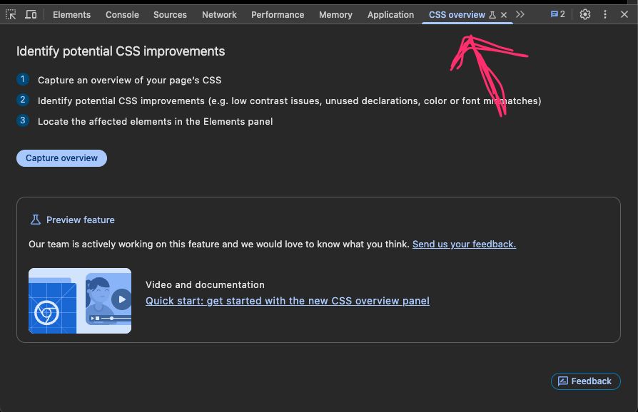 Screenshot of dev tools with the new CSS Overview feature enabled, pointed to by a red arrow