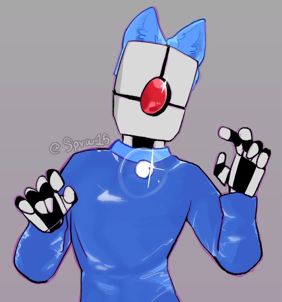 Cartoon drawing of a robot oc (not mine, see quoted post) in cat ears. No background.
