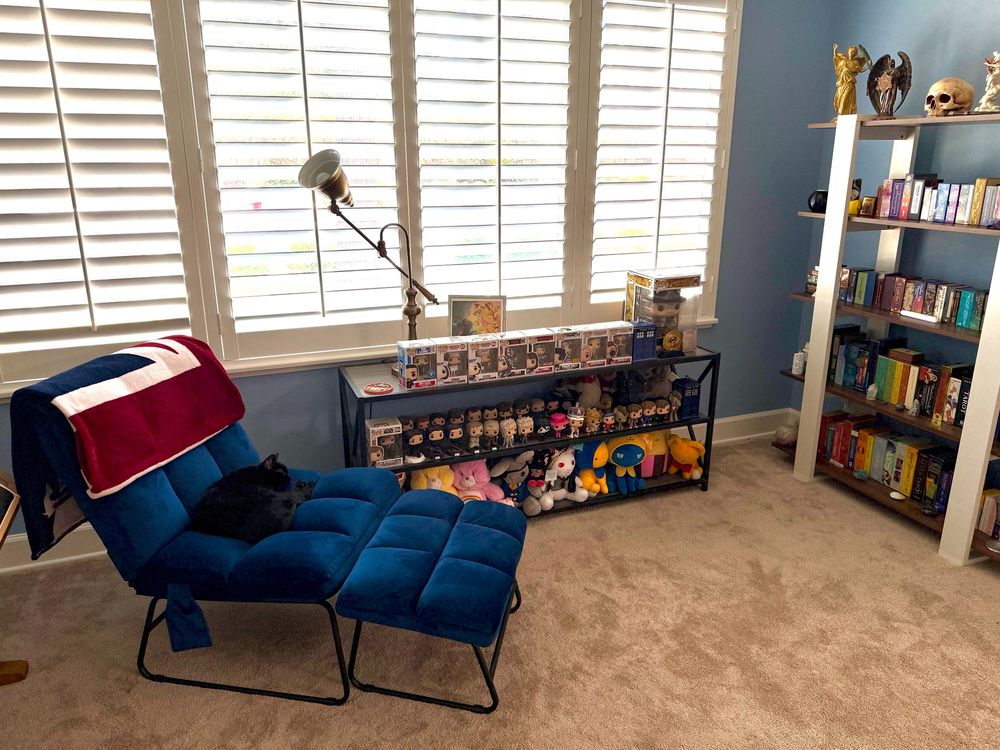 A wide view of a blue office chair with a black cat sleeping on it, a long, low bookcase filled with POP! collectibles and stuffed animals, and a taller bookcase filled with tarot and oracle decks
