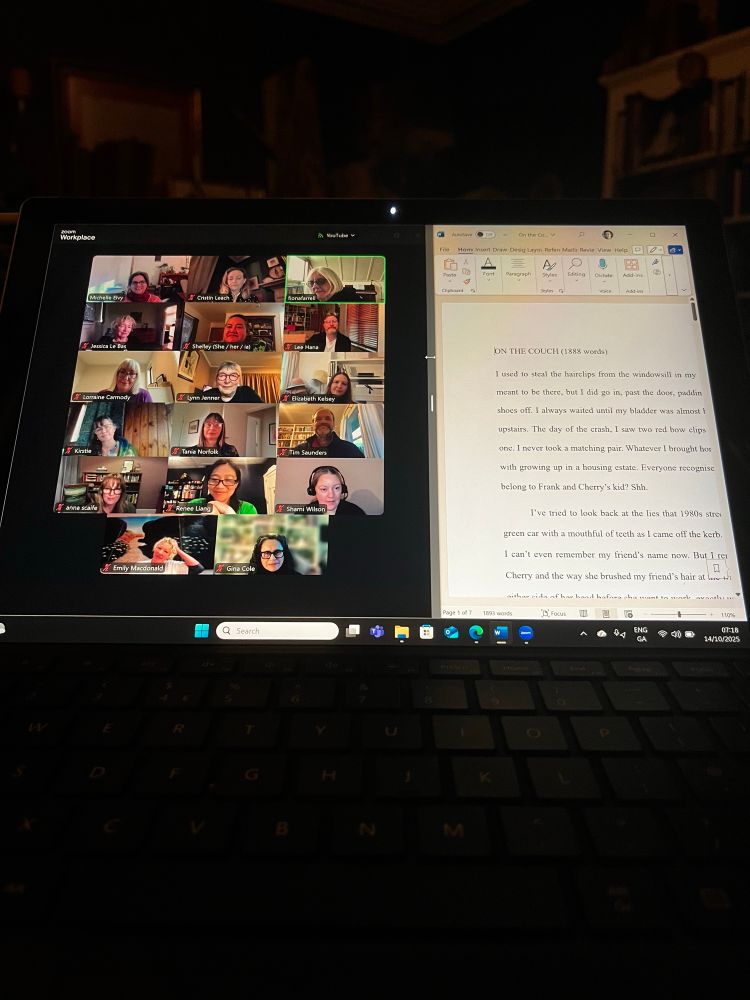 Photo of my laptop screen during the Zoom, glowing in a dark room. 