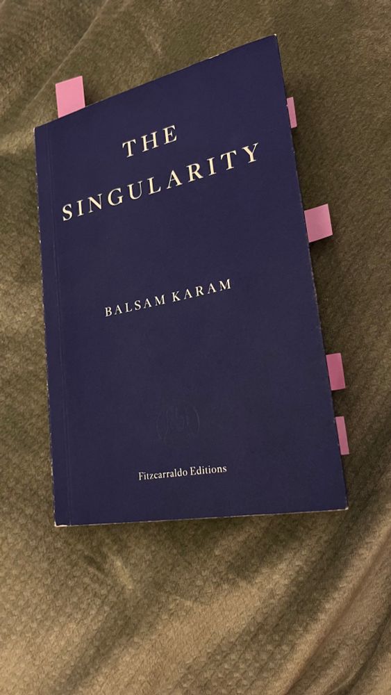 Photo of balsam Karam’s book The singularity with some small postits sticking out