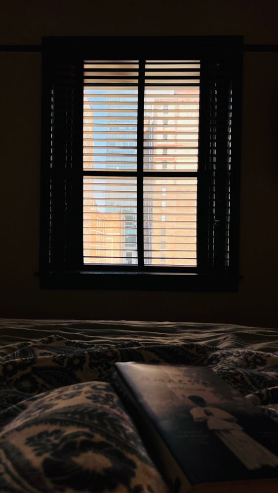 Dark bedroom. POV in bed with Amnesiac book on bedcover and a classic New York buildings view caught in morning sun seen between the slatted blinds of the window at foot of bed.  