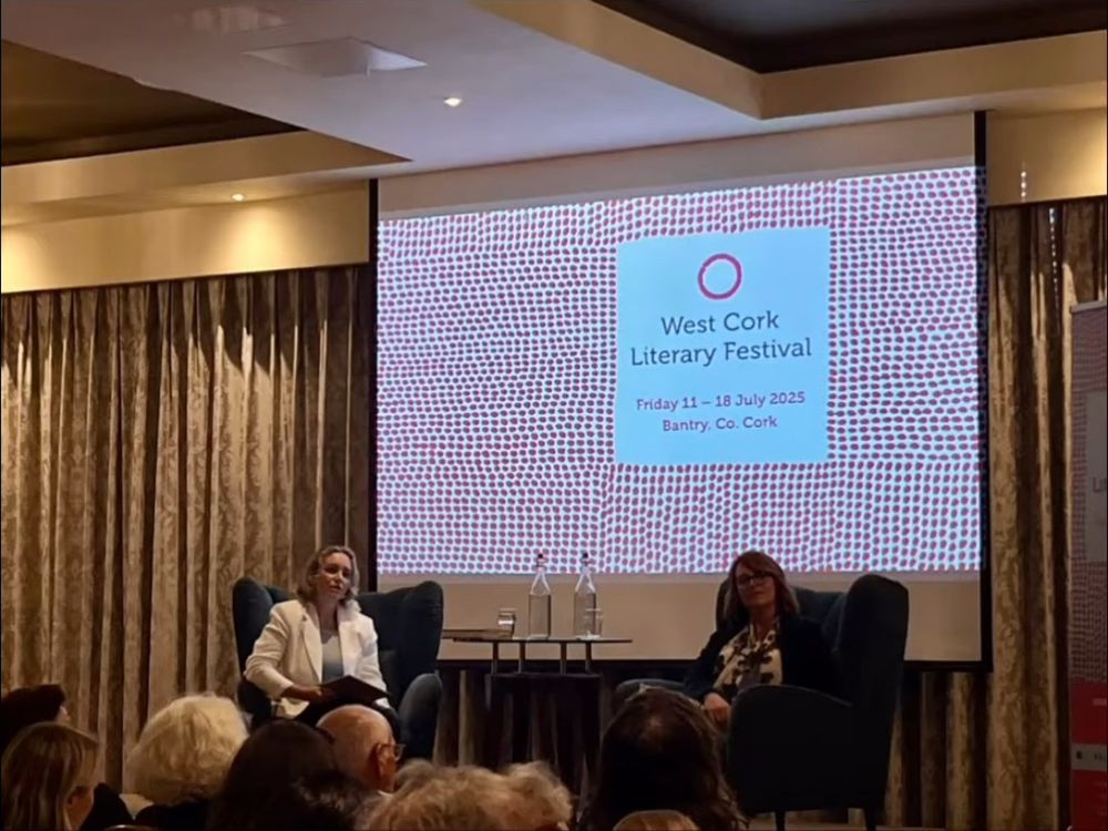 On stage with Eimear McBride mid chat at West Cork Lit Festival
