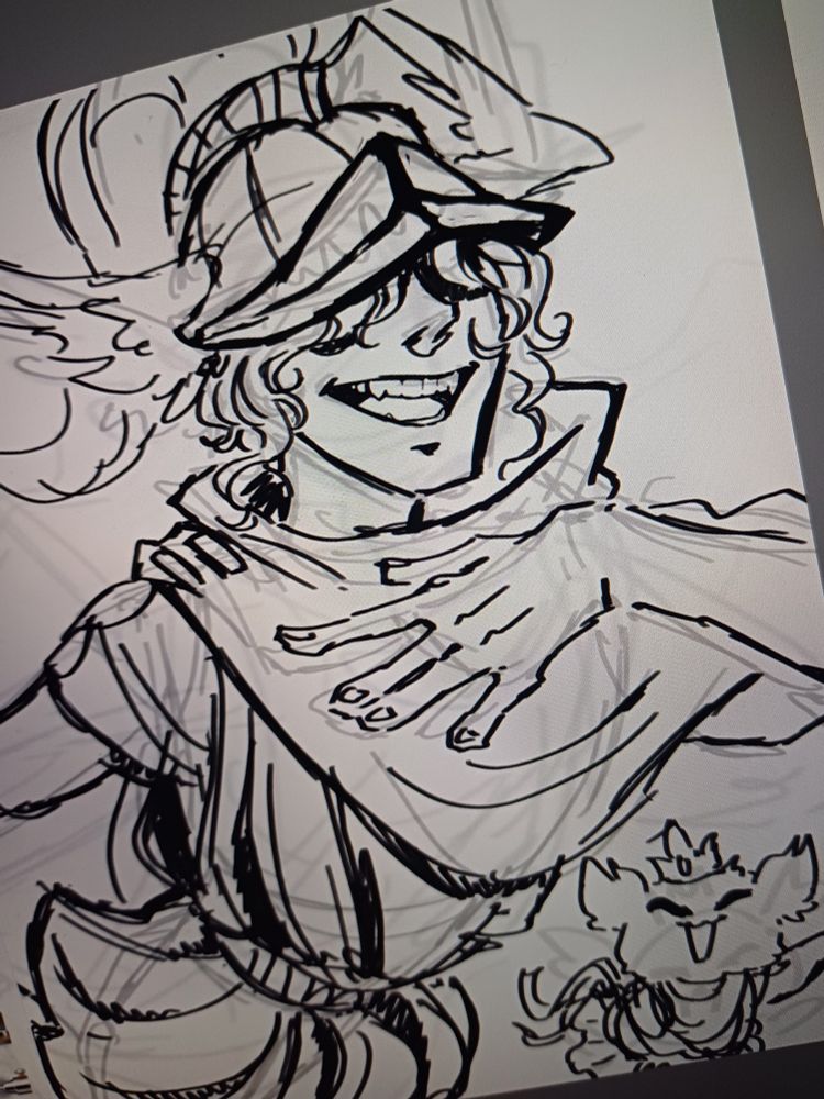 a sketch of Hermes proudly singing while the winion princess (in the lower right corner) flies and dances along