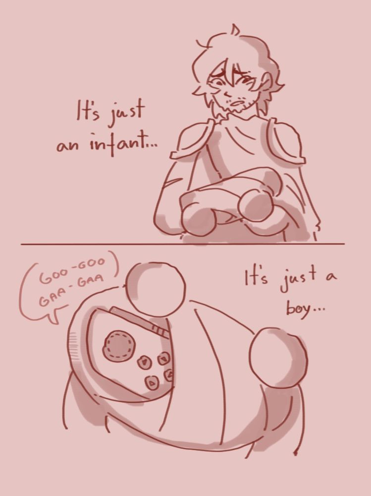 In the first panel Odysseus is holding a baby while singing "It's just an infant..."

In the second panel the baby is revealed to be a switch joycon as Ody continues to sing "It's just a boy..."
