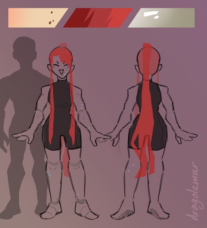 Myrilla's base colors, notable birthmark placements (blue dots) and height compared to Ozgin (silhouette in the bg)
