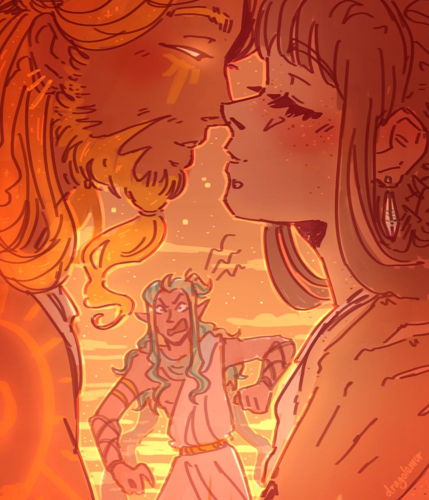 Helios (left) and Iris (right) are about to kiss as Zephyrus (in the background) is throwing a fit