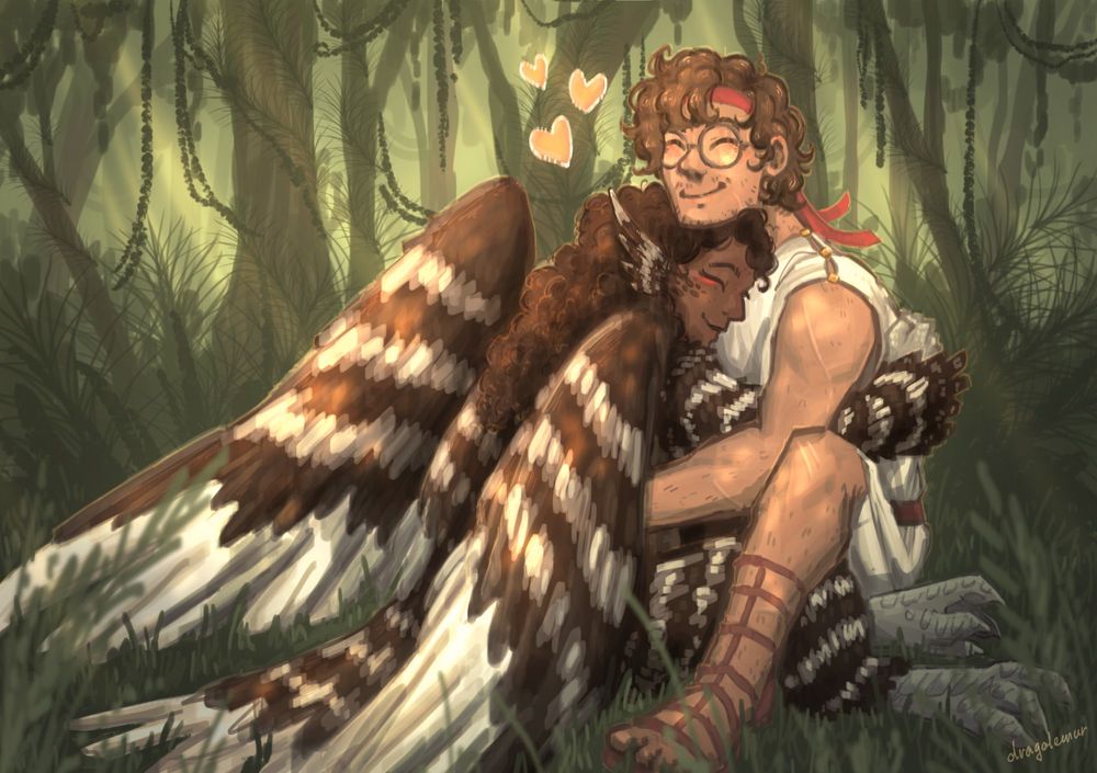 Polites (man on the right) is being hugged by harpy Podarge (left)