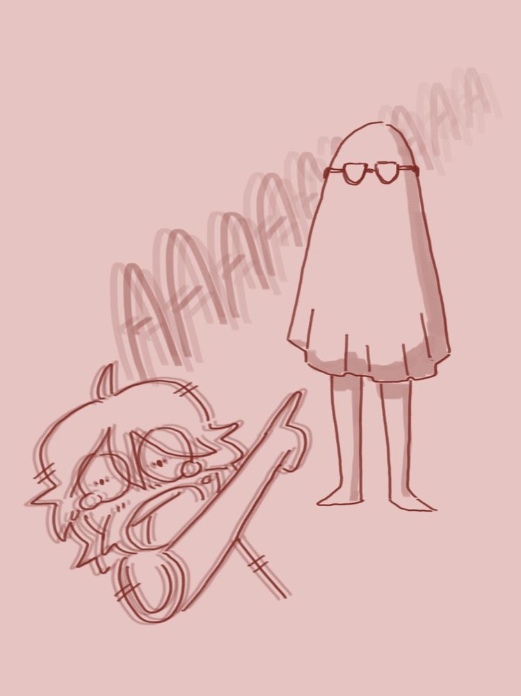 Odysseus in the foreground freaking out and screaming "AAAAAAA-" as ghost Polites with glasses stands there