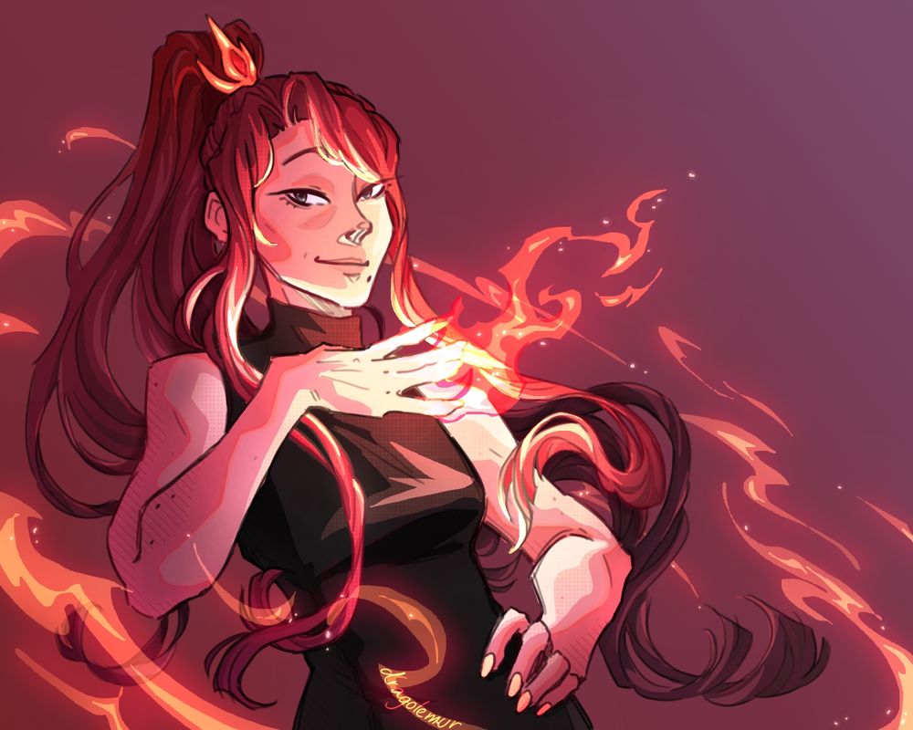 illustration of Myrilla as she is summoning in a flame