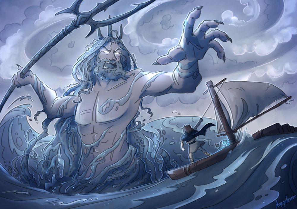 Poseidon emerging from the sea, trident in hand, to strike down lil' Ody on his raft that he built by hand 