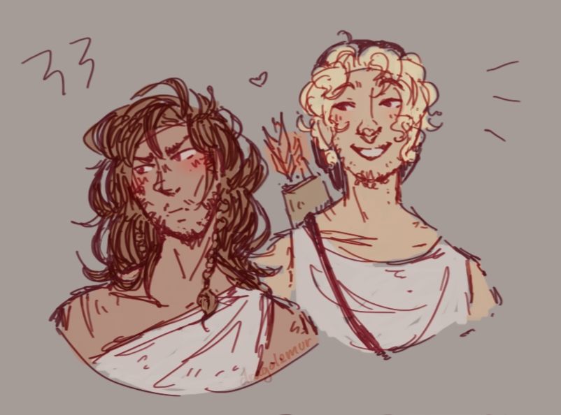 Perimedes (left) looking away as Elpenor (right) smiles at him