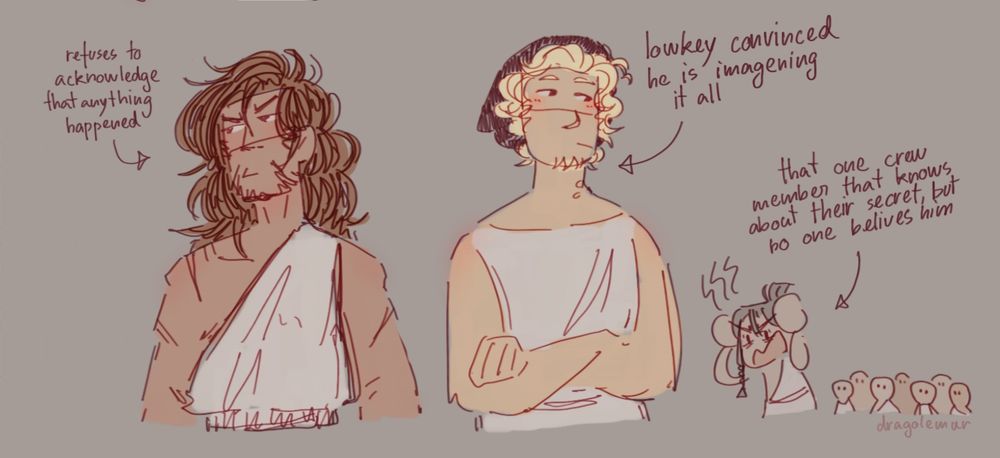 Perimedes ← "refuses to acknowledge that anything happened"

Elpenor ← "lowkey convinced he is imagining it all"

random guy ← "that one crew member that knows about their secret, but no one believes him"