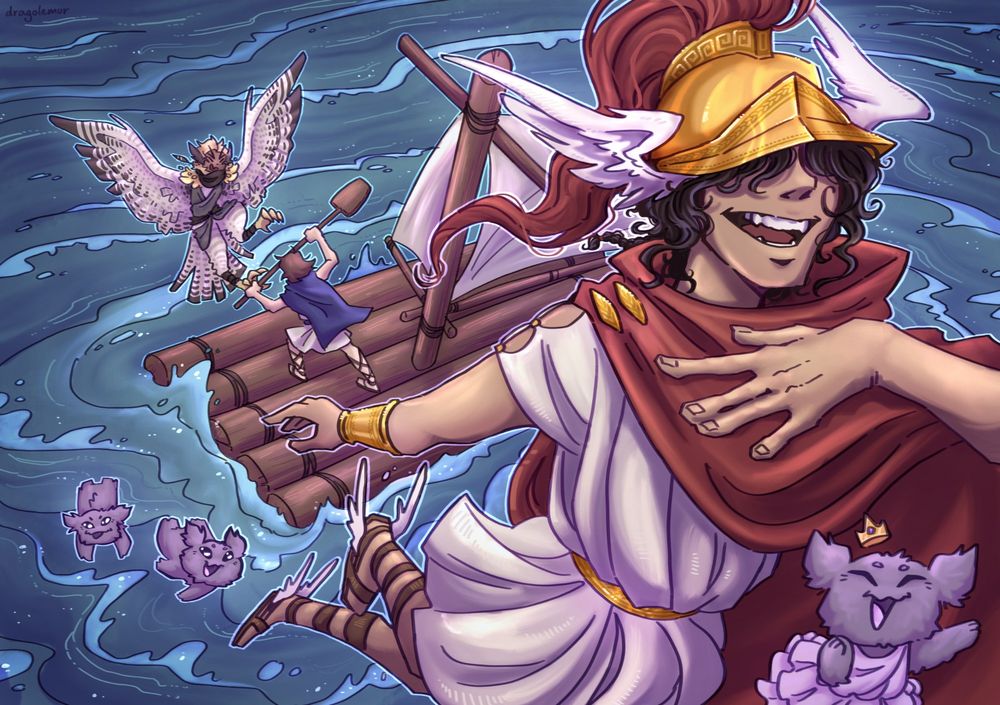Hermes and princess winion are singing and flying in the foreground as two more winions fly after them, leaving Odysseus to fight the harpy alone in the background 
