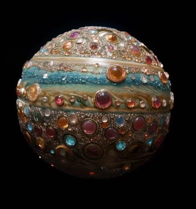 A genAI render of a Uranus-esque planet encrusted with jewels. Screenshotted and cropped by me from an instagram video.