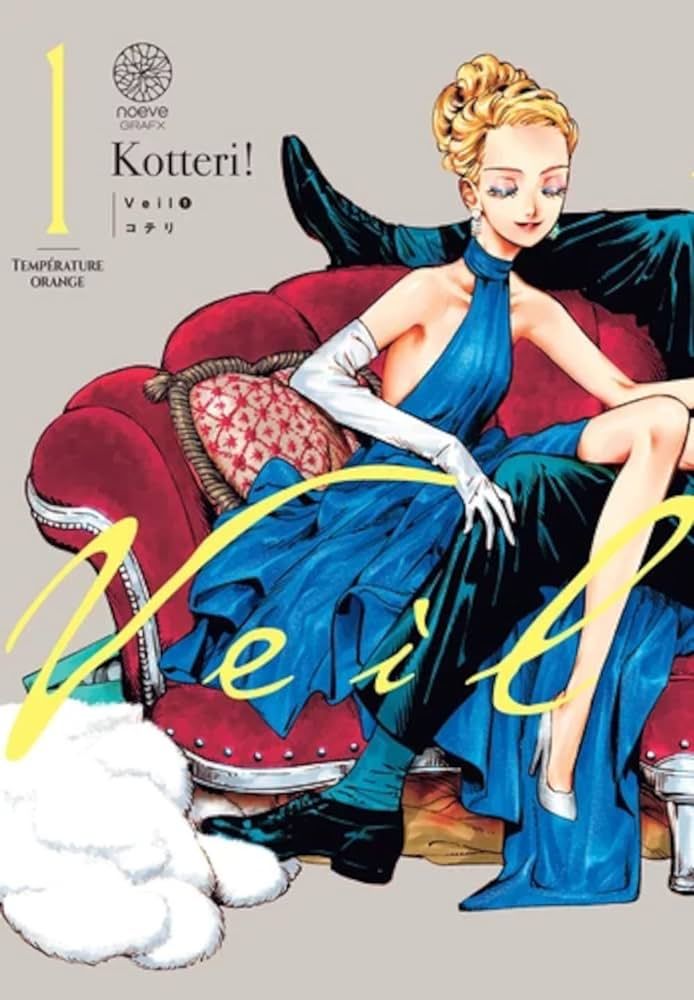 Cover from Veil, depicting one of the main characters on a couch. Her eyes are closed and she's wearing a fancy blue dress. The legs of the other main character are also visible. 