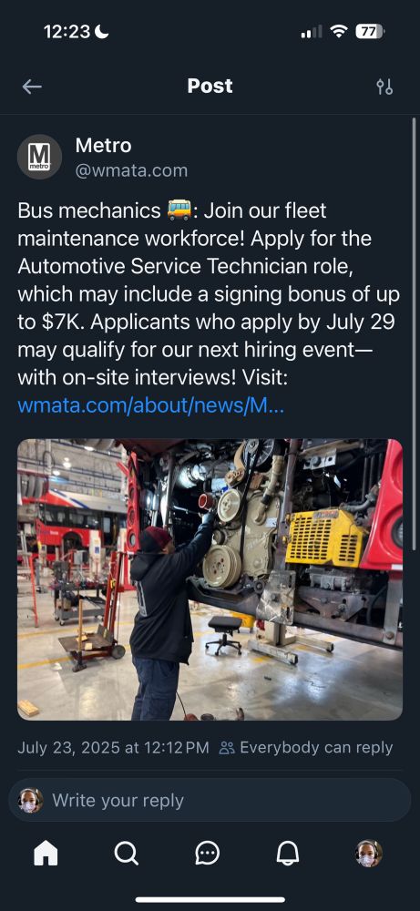 Bluesky post from @wmata.com advertising mechanic positions that come with a $7K signing bonus  