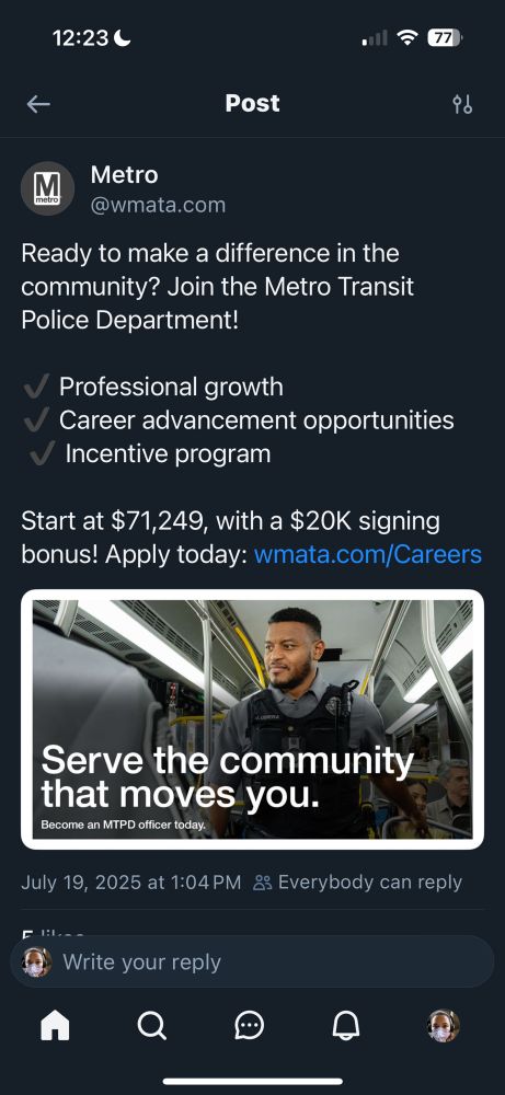 Bluesky post from @wmata.com advertising metro police jobs that start at $71,249 with a $20K signing bonus 