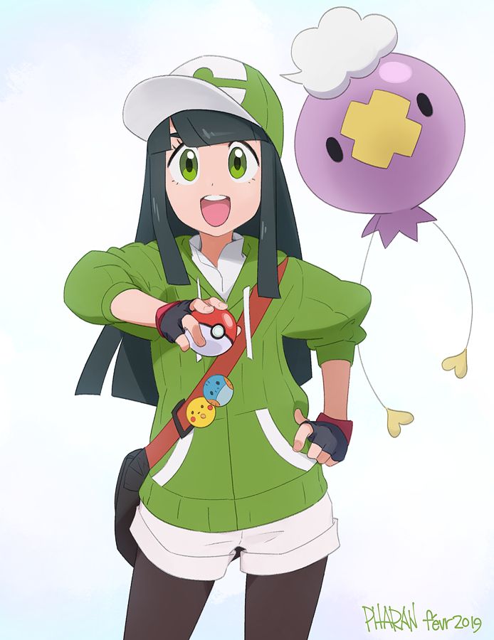 my friend's oc, drawn to look like a pokemon trainer but with a different style, with her favorite pokemon.