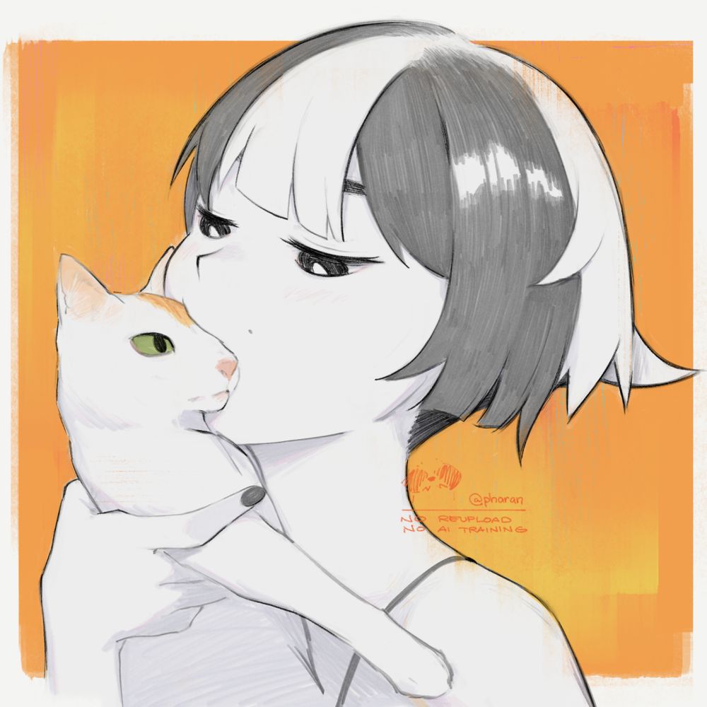 oc drawing putting part of a pet cat oc (kripik)'s face in her mouth.