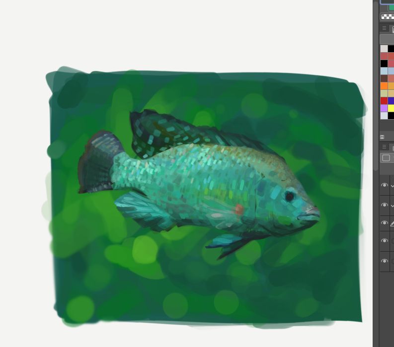 Screenshot of Clip Studio Paint, with a painting I made of a tilapia.