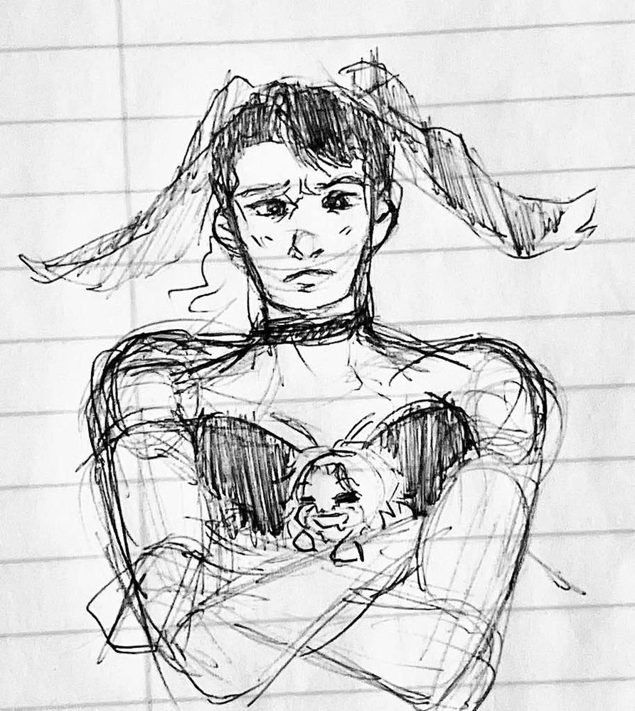 Rough doodle RK-900 in a bunny suit looking unsure squeezing a hidden Chibi Hank from DBH