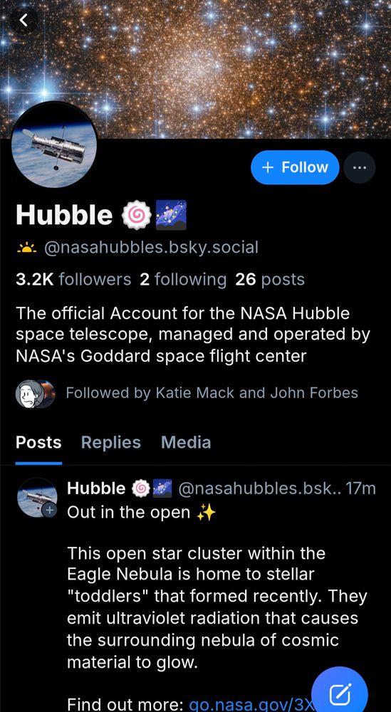 A screenshot of @nasahubbles. There's no clear verification and they're making more posts than other official NASA Hubble accounts on other platforms.