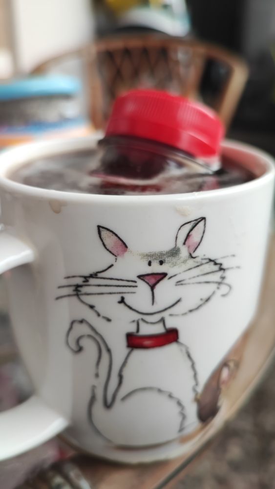 Eine Kaffeetasse mit weißer Katze, der Kaffee läuft fast über, weil eine kleine Flasche Ingwershot in der Tasse schwimmt. 