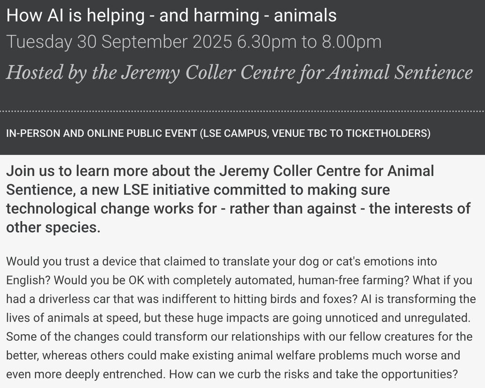 A flyer for "How AI is helping - and harming - animals", 30 Sept, LSE.