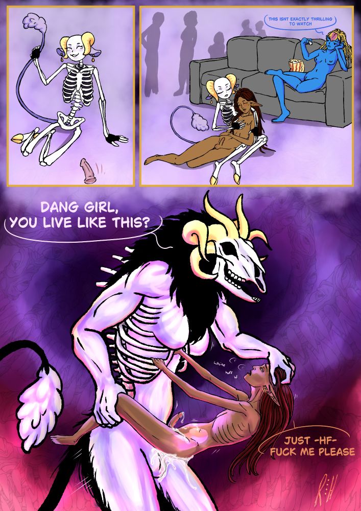 version with both text and cum. text reads:
Zeldine: This isn't exactly thrilling to watch.
Chimere: Dang girl, you live like this?
Hespra: Just -hf- fuck me please