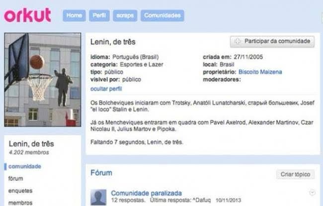 comunidade do orkut “lenin, de três”, com a foto da estátua do Lenin em perspectiva, e a frente, uma cesta e uma bola de basquete, como se estivesse jogando