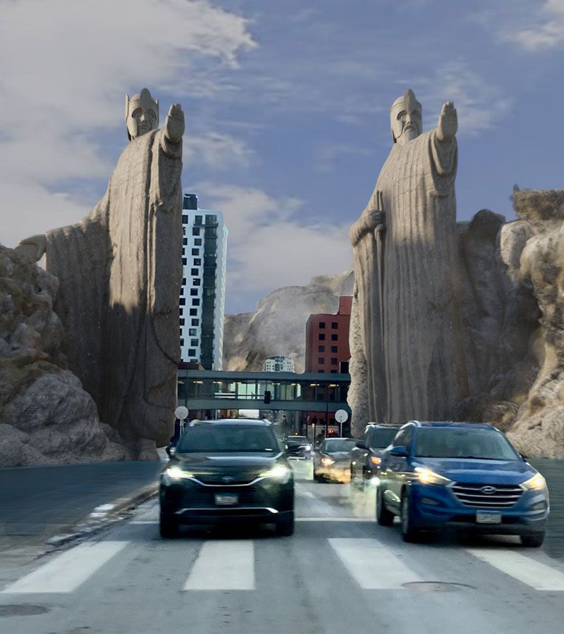 the same downtown street scene, but the 7-story buildings have been replaced by the Gates of Argonath: enormous carved statues of Isildur and Anárion