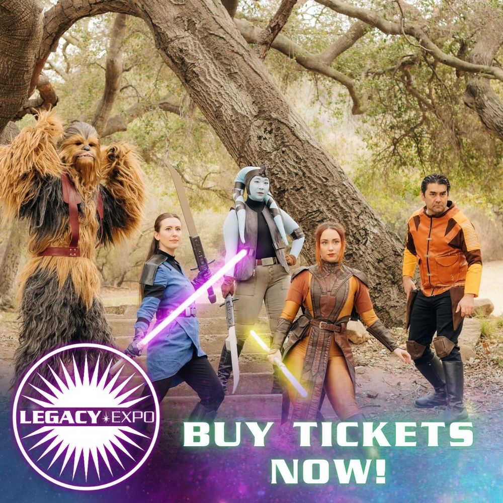 An action shot of KOTOR costumers lined up with a backdrop of trees. The characters left to right: Zaalbar, Revan dressed as a KOTOR Jedi, Mission Vao, Bastila Shan, and Carth Onasi. The text on the image says "Buy Tickets Now!"