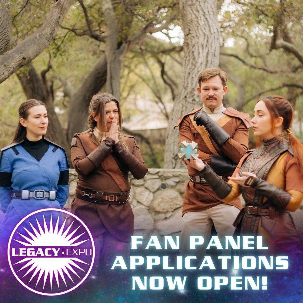 Three KOTOR Jedi costumers are listening to a Bastila Shan costumer hold up a Jedi holocron while lecturing. The text says, "Fan Panel Applications Now Open!"