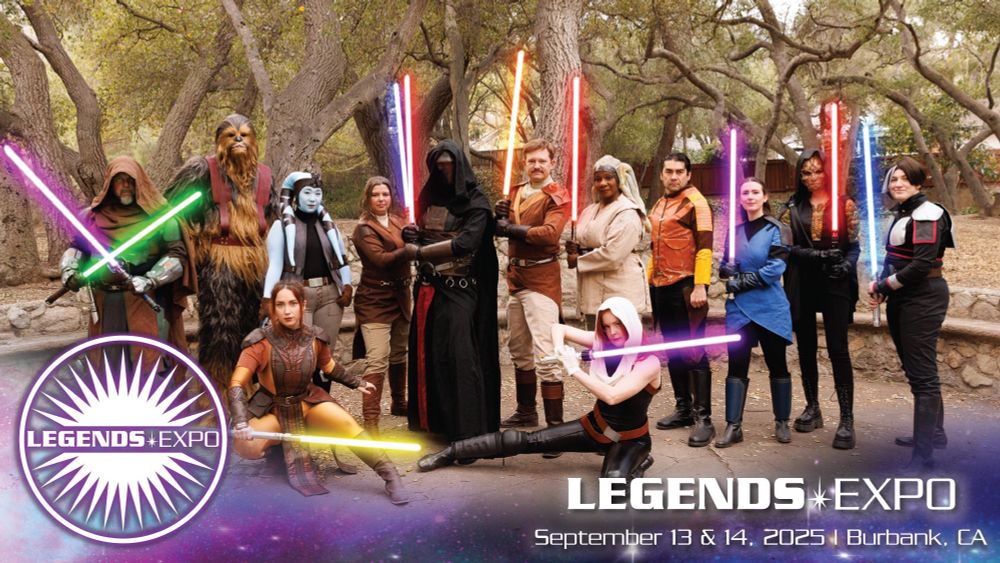 A group shot of Legends cosplayers. From left to right: SWTOR Jedi, Zaalbar, Mission Vao, Bastila, Brown KOTOR Jedi (blue saber), Darth Revan, Brown KOTOR Jedi (orange saber), Adi Gallia, Mara Jade, Carth Onasi, Blue KOTOR Jedi, Darth Bane, Ferus Olin