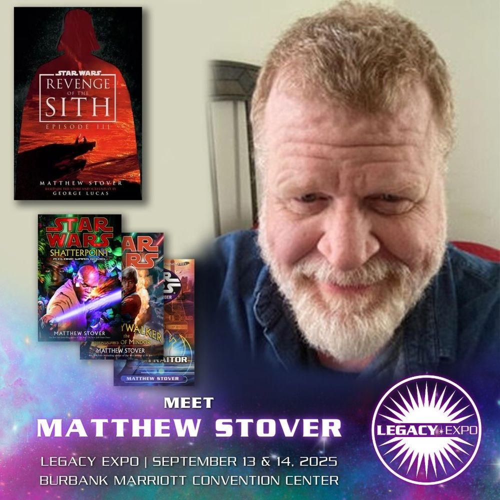 A headshot of Matthew Stover with 4 of his Star Wars novels photoshopped next to him. The text says "Meet Matthew Stover"
