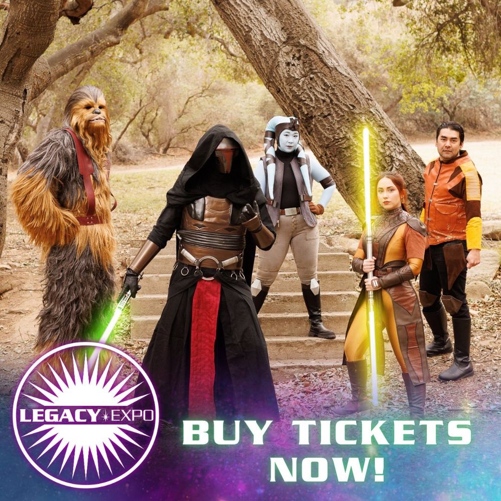 A lineup of KOTOR cosplayers, from left to right: Zaalbar, Mission Vao, a KOTOR Jedi, Darth Revan, a KOTOR Jedi, Bastila Shan, and Carth Onasi.