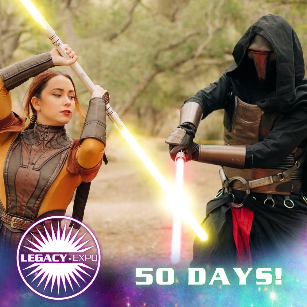 A Bastila cosplayer and a Darth Revan cosplayer are locked in a lightsaber battle. The text says "50 days!"