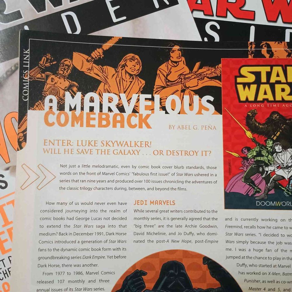 A photo of a page of the Star Wars Insider #61 article "A Marvelous Comeback" by Abel Peña