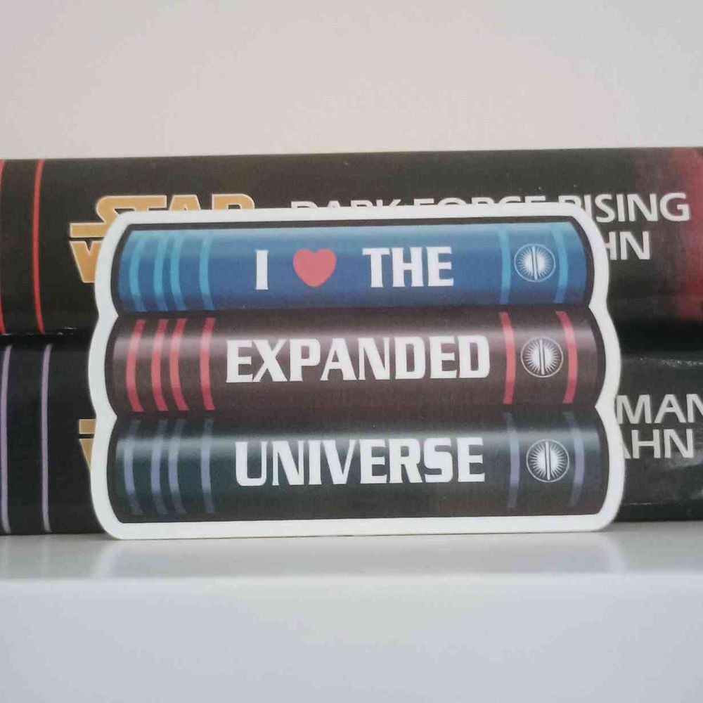 Picture of a sticker - the sticker is of three different colored book spines, meant to look like the three Thrawn Trilogy books.