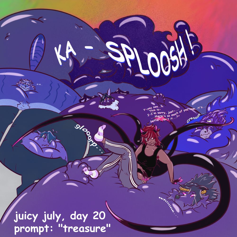 Tasha is sitting on Kael, a wolf with a gold crown of thorns, and saying, "Y - you see? This is - I - I'm sorry, just... ...there's so much of you now, it's... ...better, isn't it...?~" while the other berries swell in the background with looks of concern. An indistinct berry in the back has just burst spectacularly, sending a wave of juice over the rest of them.