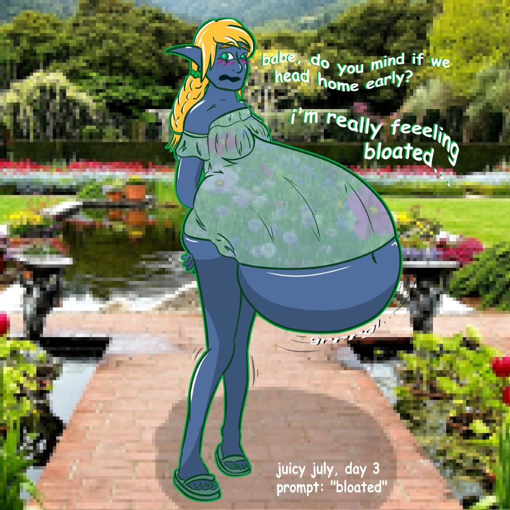 an elf in a green floral sundress which has been stretched tight over a large belly that sticks out a few feet in front of her. she is colored a berry blue. she is speaking and the text reads "babe, do you mind if we head home early? i'm really feeeling bloated..."