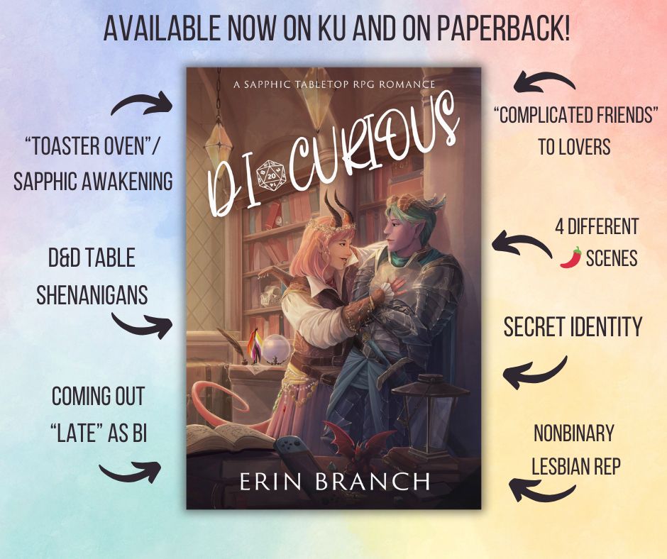 A book cover with two figures dressed up as dungeons and dragons characters, one with pink shoulder length hair, dark horns, and a pink tail and one with short teal hair, tan horns, and armor. Books are on the wall shelf behind them and various items such as a dragon statue, a Nintendo switch, and a lantern are on the table in front of them. A lesbian pride flag and a nonbinary pride flag are behind the curling tail of the pink haired figure.