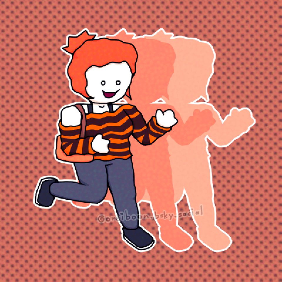 female character with white outline on orange background
