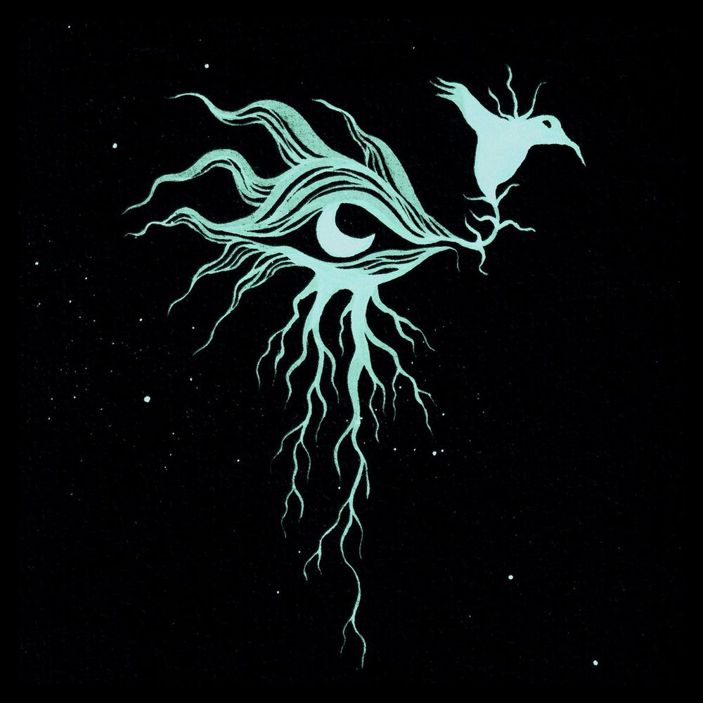 pale green on black background drawing of an eye with a half-moon iris. roots extend downwards, tendrils extend to the left, and a bird protrudes on the right