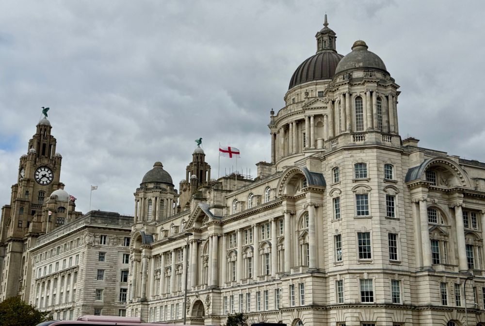 An English flag flying in Liverpool, England.