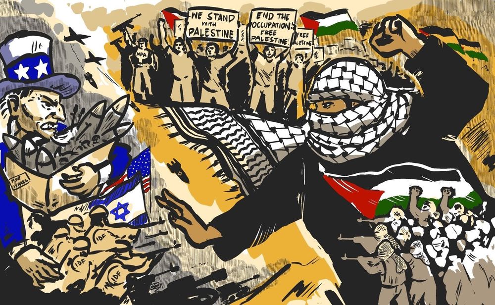 On the left, a demonic Uncle Sam is holding a box of missiles and has a bunch of soldiers with US and Israeli flags at his feet. On the right, a Palestinian in keffiyeh is holding him back with a bunch of fedayeen  and a Palestinian flag below. In the top a crowd of demonstrators hold pro-Palestinian flags and are waving Palestinian flags. One of them is holding a rifle and has a t-shirt that says NPA