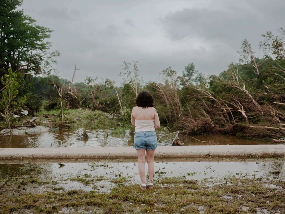 Seen from behind, a woman in denim shorts and white sleeveless tank top looks out at the watery devastation of the flood, with some home wreckage and rows of downed trees among the receding waters. The sky is an ominous cloudy gray. 