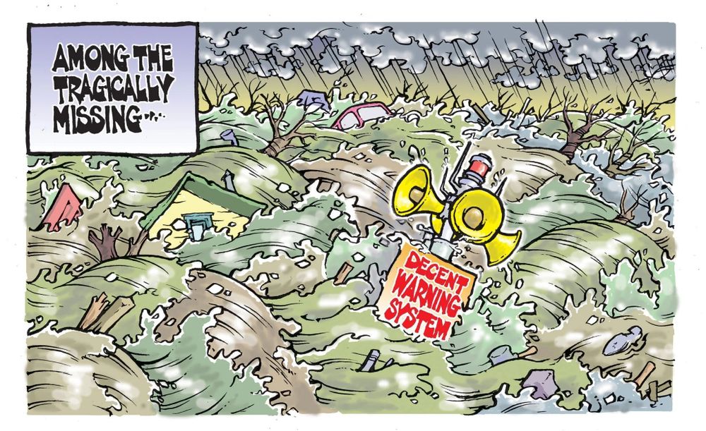A cartoon of a chaotic rainswept landscape utterly destroyed by flooding, with glimpses of ruined homes, cars, and trees among the waters. At the center is a siren and loudspeaker system floating away, labeled 